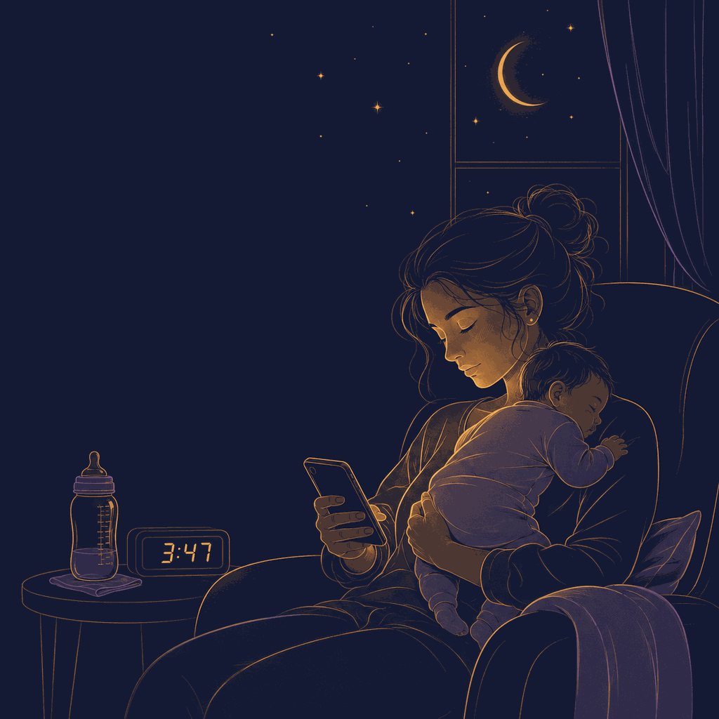 Mamá despierta a las 3:47 de la madrugada con su bebé dormido en brazos, mirando el celular