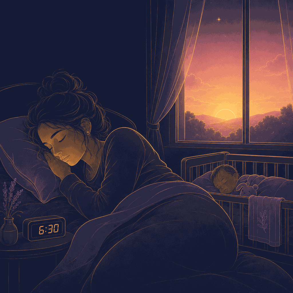 La misma mamá durmiendo en su cama al amanecer, con su bebé dormido en la cuna